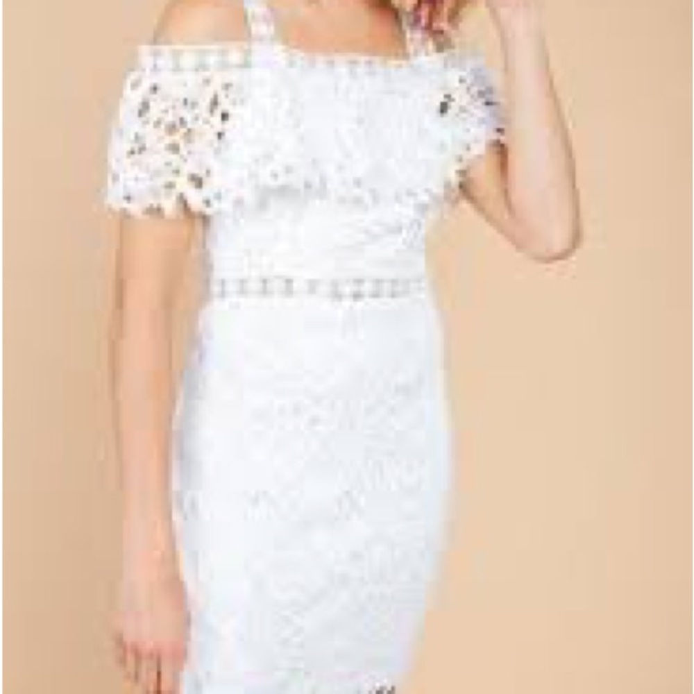 Main Strip White Lace Cold-Shoulder Mini Dress